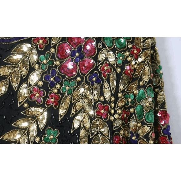STENAY 🐾 Vintage Silk Bead Sequin Pearls Dress Black Floral Leaf Gold Metallic - Picture 5 of 6